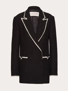 Valentino Double Breasted Tweed Strass Embellished Silver Crystal Trim Blazer
